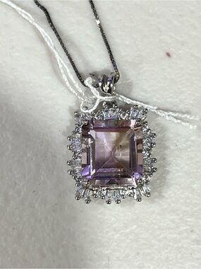 Ametrine Square Halo Pendant Necklace - Silver Tone